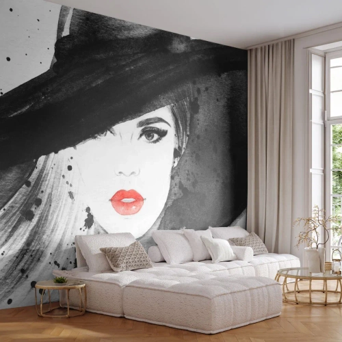 Papier Peint Photo Premium Sand - Une femme élégante avec un chapeau dans un style aquarelle - 100x70cm - Dame en noir - Décoration murale moderne pour le salon et la chambre ARTTOR