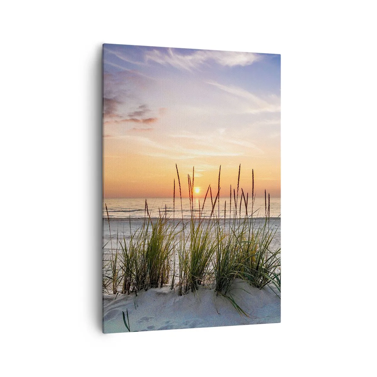Impression sur toile - Image sur toile - Une plage de sable au coucher du soleil avec de l'herbe en arrière-plan - 70x100cm - Regarde, pense, ressent - Décoration murale moderne pour le salon et la chambre ARTTOR