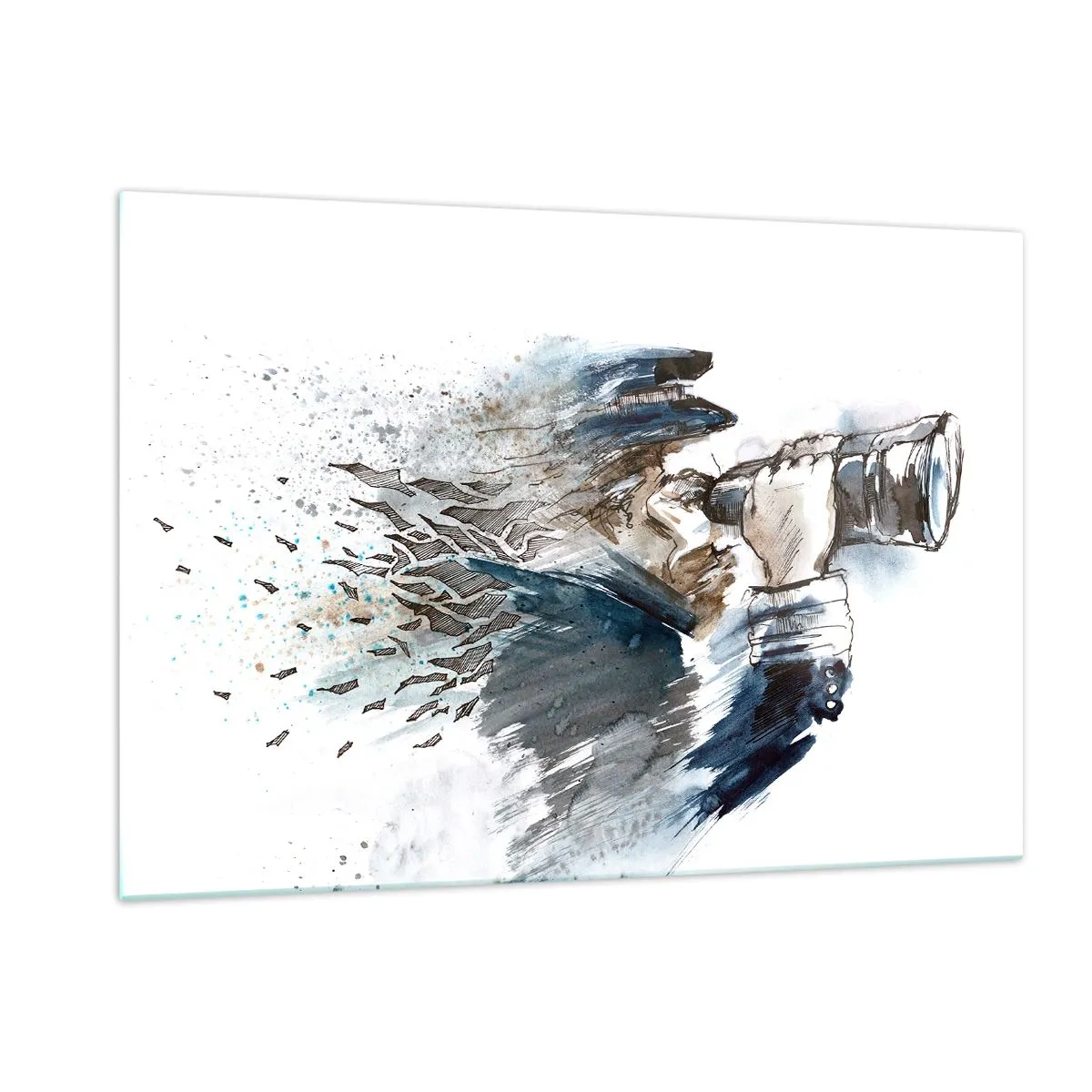 Impression sur verre - Image sur verre - Un homme avec des jumelles dans une composition aquarelle dynamique - 120x80cm - Dix sur l'échelle de Beaufort ! - Décoration murale moderne pour le salon et la chambre ARTTOR
