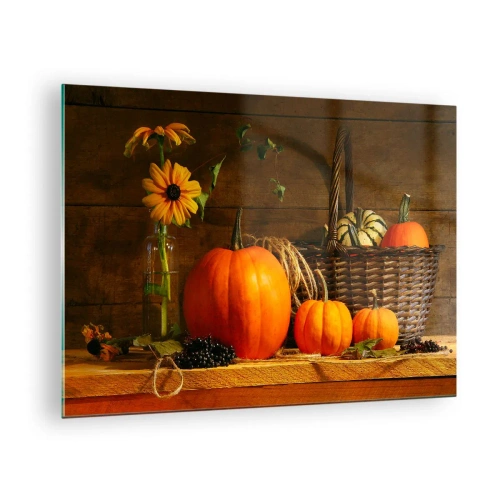 Impression sur verre - Image sur verre - Nature morte d'automne avec citrouilles et fleurs - 70x50cm - Une composition rustique - cadeaux d'automne - Décoration murale moderne pour le salon et la chambre ARTTOR