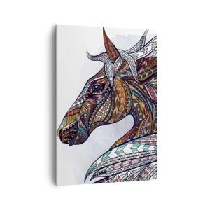 Impression sur toile - Image sur toile - Un cheval géométrique avec une crinière colorée et détaillée - 50x70cm - Destrier guerrier celtique - Décoration murale moderne pour le salon et la chambre ARTTOR