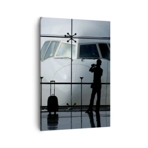 Impression sur toile - Image sur toile - Aéroport avec des silhouettes de personnes et une vue de l'avion - 70x100cm - Vis-à-vis de l'aéroport - Décoration murale moderne pour le salon et la chambre ARTTOR