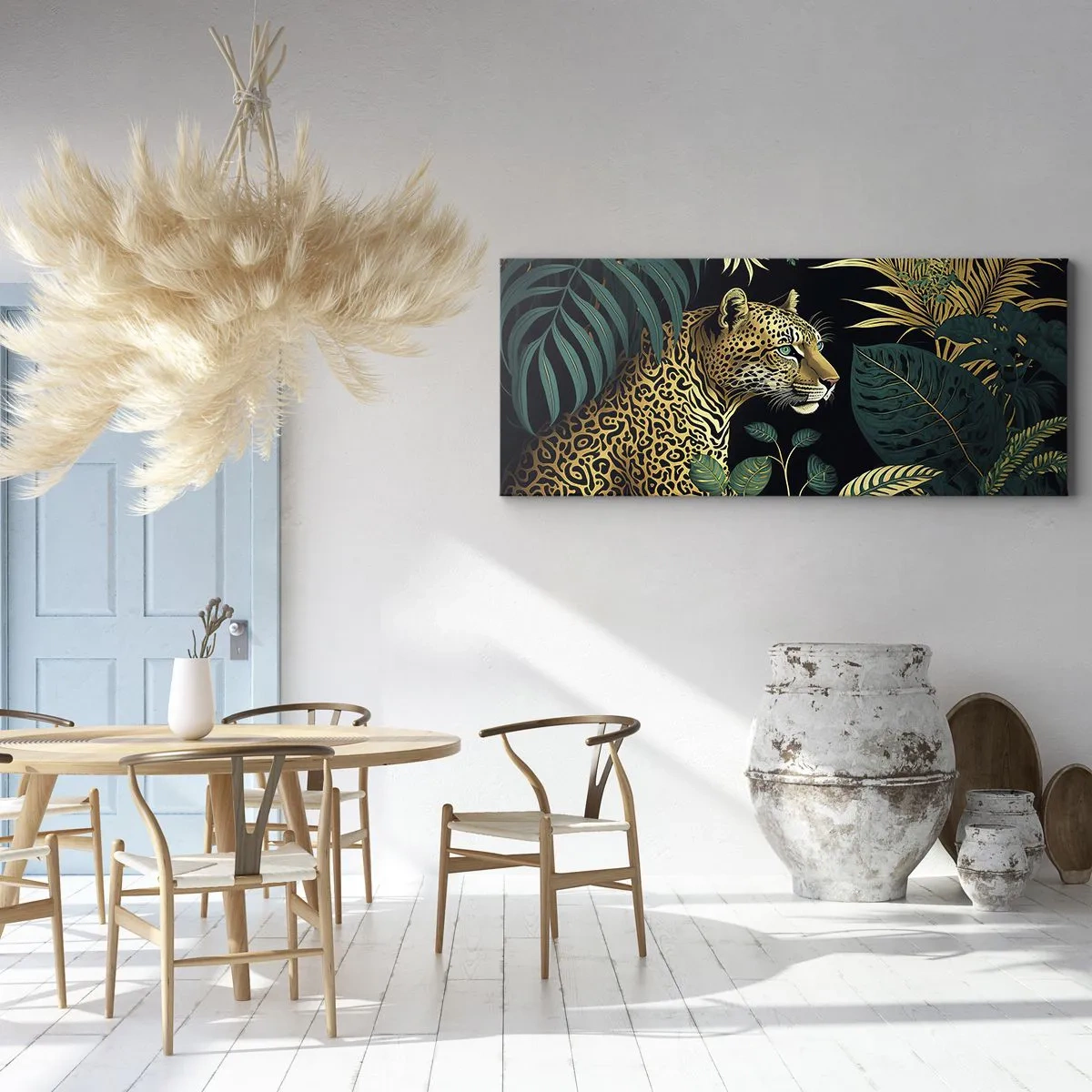Impression sur toile - Image sur toile - Léopard dans des feuilles tropicales sur fond noir - 140x50cm - Un hôte dans la jungle - Décoration murale moderne pour le salon et la chambre ARTTOR