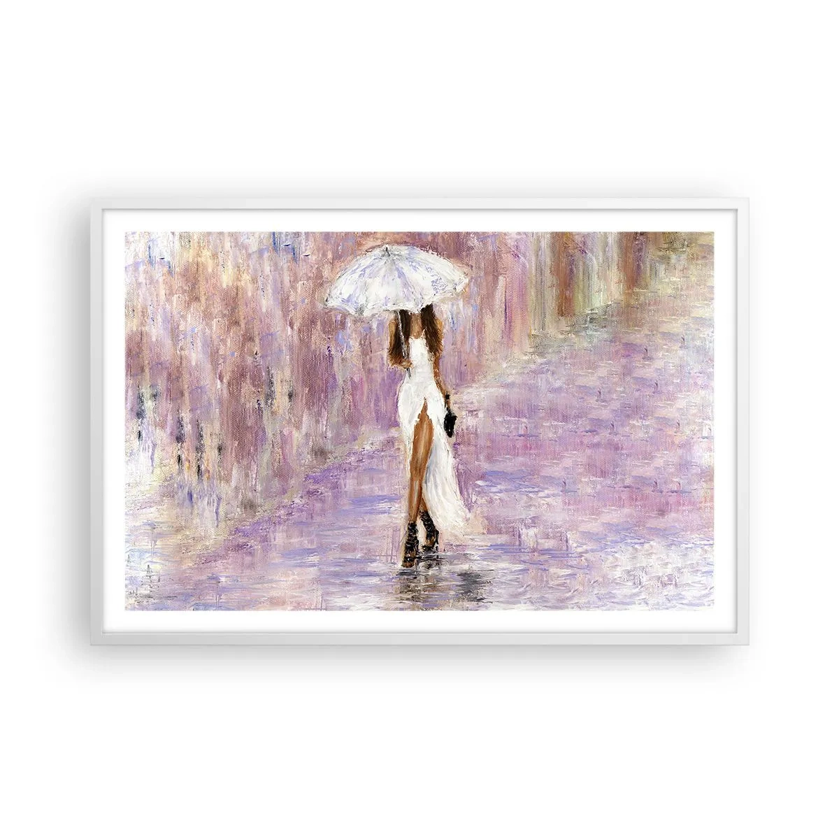 Affiche dans un cadre blanc - Poster - Sous la pluie lilas - 91x61 cm