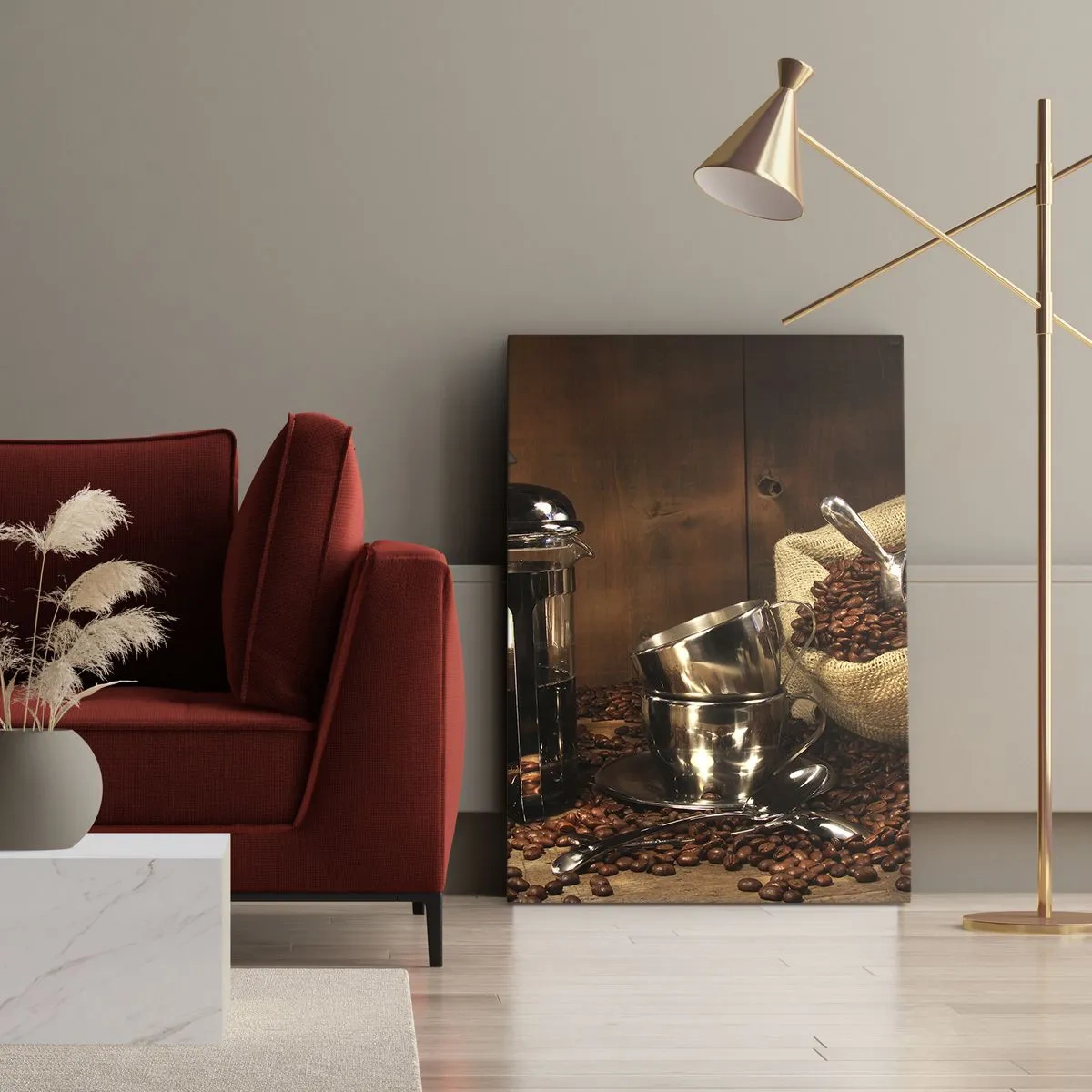 Impression sur toile - Image sur toile - Presse française, tasses et un sac de café sur un fond en bois - 50x70cm - Le charme du café - arôme et goût - Décoration murale moderne pour le salon et la chambre ARTTOR