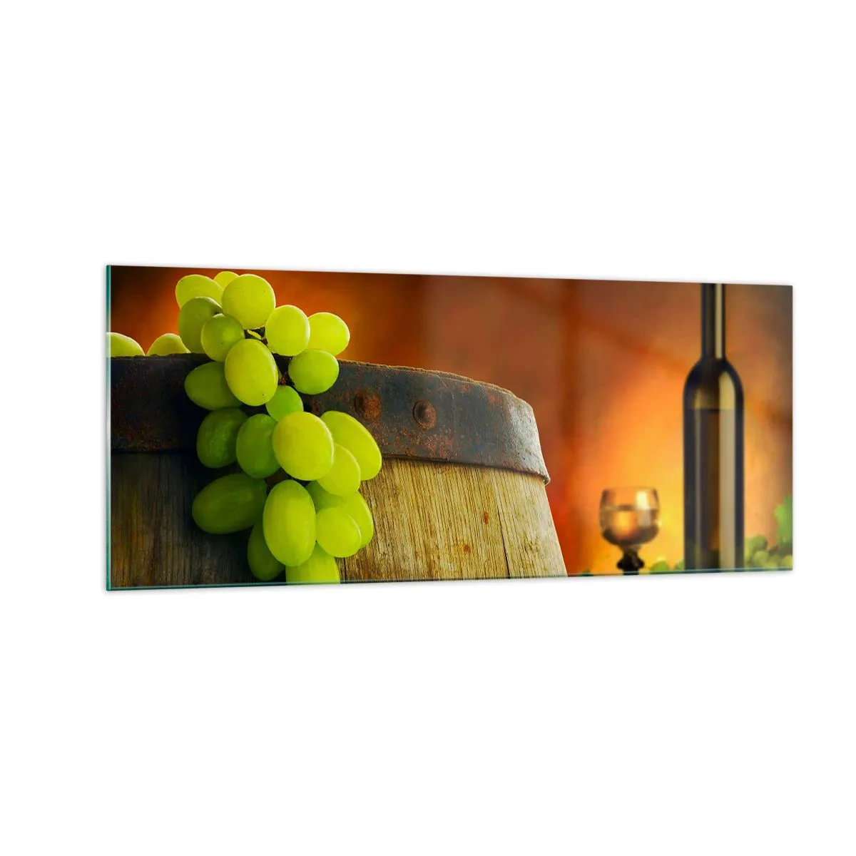Impression sur verre - Image sur verre - Nature morte avec une bouteille de vin et une grappe de raisin - 100x40 cm