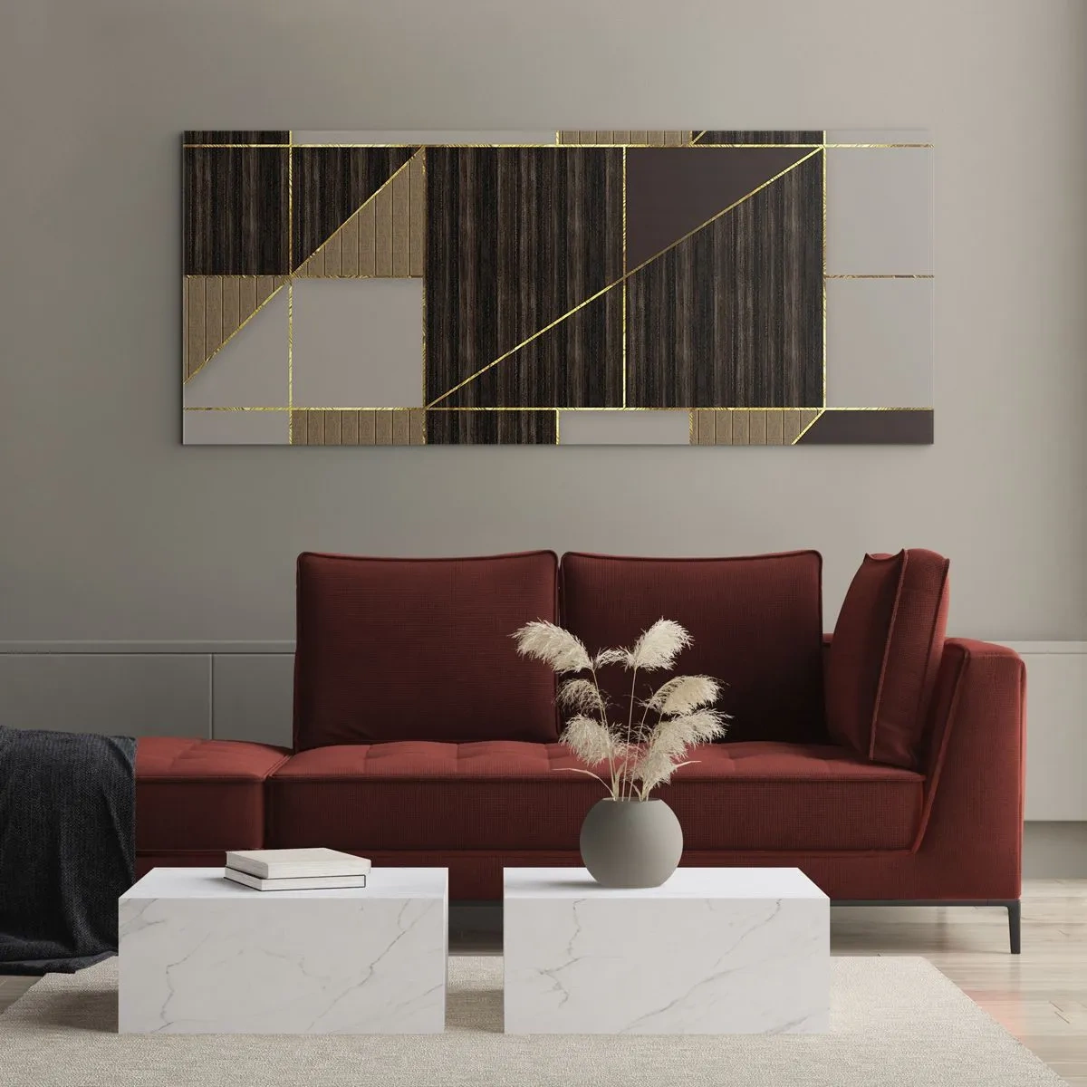 Impression sur verre - Image sur verre - Motifs géométriques dans les tons de marron avec des lignes dorées - 120x50cm - Mozaique de bronze et d'or - Décoration murale moderne pour le salon et la chambre ARTTOR