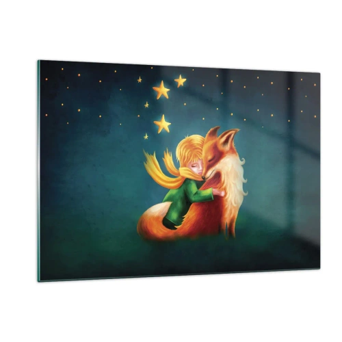 Impression sur verre - Image sur verre - Le Petit Prince serrant un renard dans ses bras sous un ciel étoilé - 120x80cm - Petit Prince - Décoration murale moderne pour le salon et la chambre ARTTOR