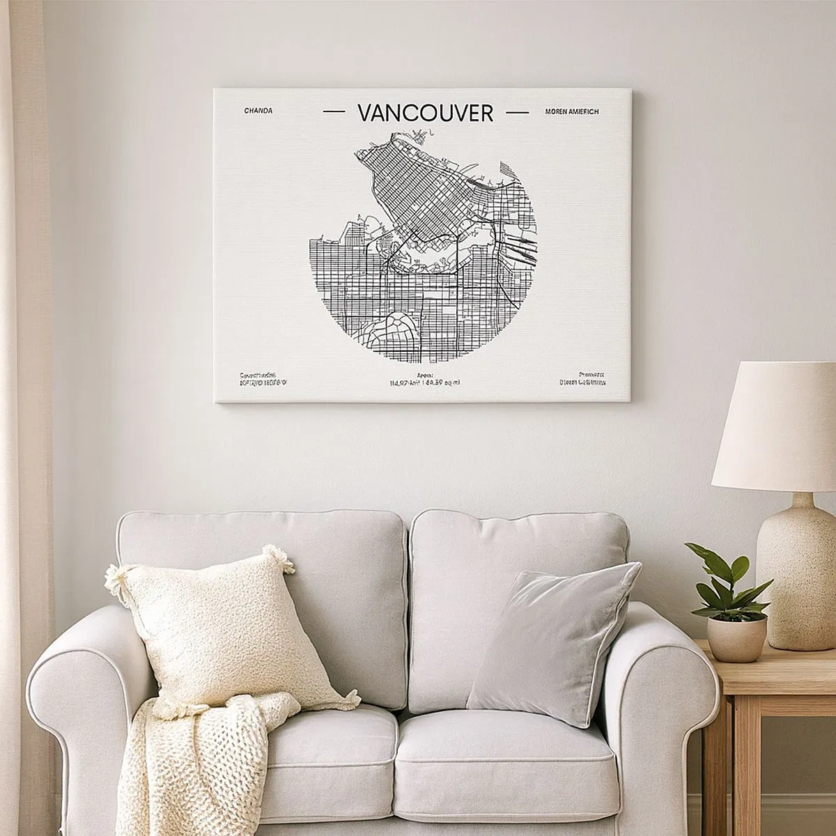 Impression sur toile - Image sur toile - Une carte de Vancouver dans un style minimaliste en noir et blanc - 70x50cm - Anatomie de Vancouver - Décoration murale moderne pour le salon et la chambre ARTTOR