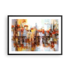 Affiche dans un cadre noir - Poster - Un panorama pittoresque de la ville avec un pont aux couleurs d'automne - 70x50cm - C'est aussi beau sous le pont - Décoration murale moderne pour le salon et la chambre ARTTOR