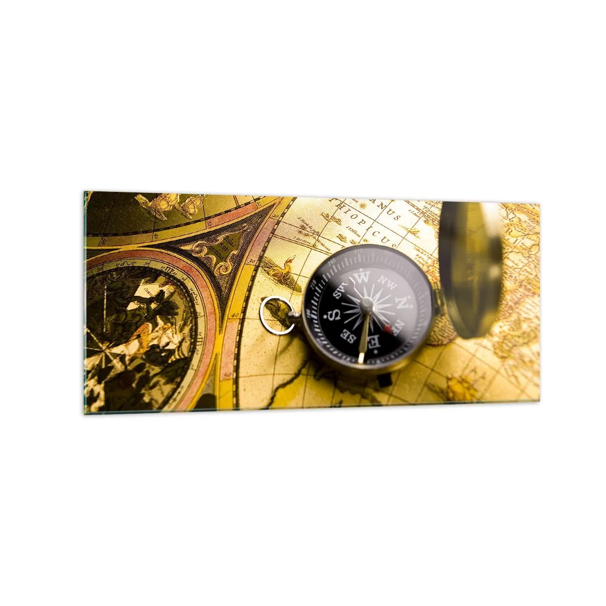 Impression sur verre - Image sur verre - Une boussole antique sur fond d'une vieille carte du monde - 120x50cm - Ou peut-être jusqu'au bout du monde ? - Décoration murale moderne pour le salon et la chambre ARTTOR