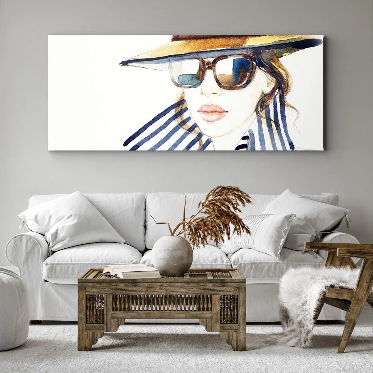 Impression sur toile - Image sur toile - Portrait d'une femme portant un chapeau et des lunettes de soleil - 160x50cm - La Floride vous souhaite la bienvenue ! - Décoration murale moderne pour le salon et la chambre ARTTOR