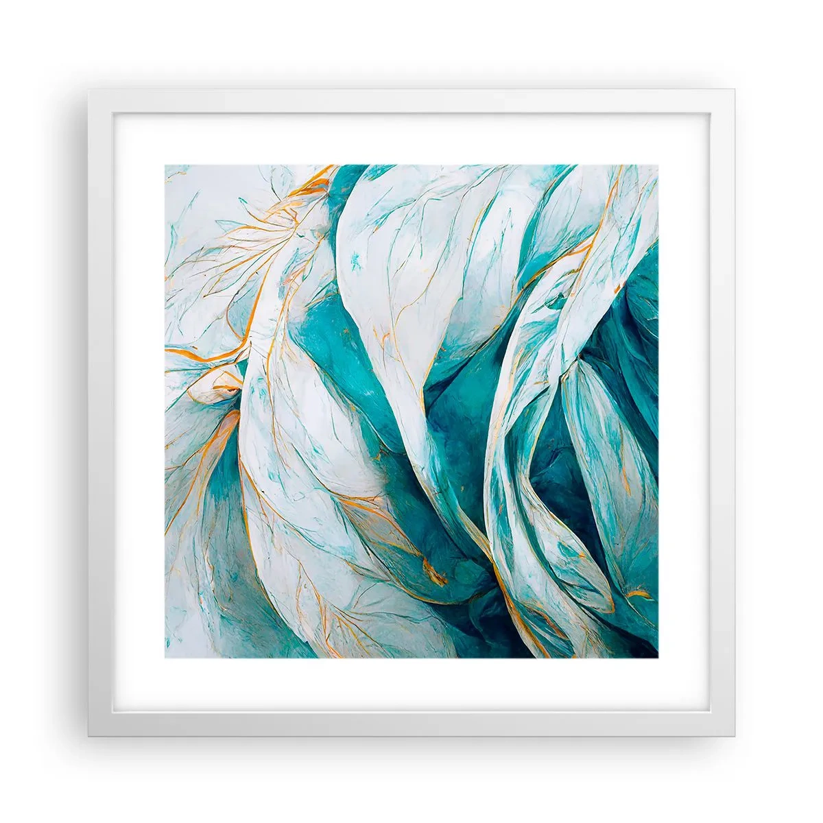 Affiche dans un cadre blanc - Poster - Abstraction bleue avec un motif doré - 40x40 cm