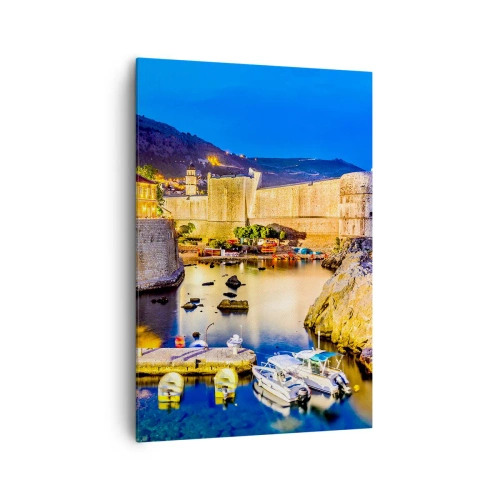Impression sur toile - Image sur toile - Un port pittoresque la nuit avec des bâtiments illuminés - 70x100cm - Nuit illuminée sur l'Adriatique - Décoration murale moderne pour le salon et la chambre ARTTOR