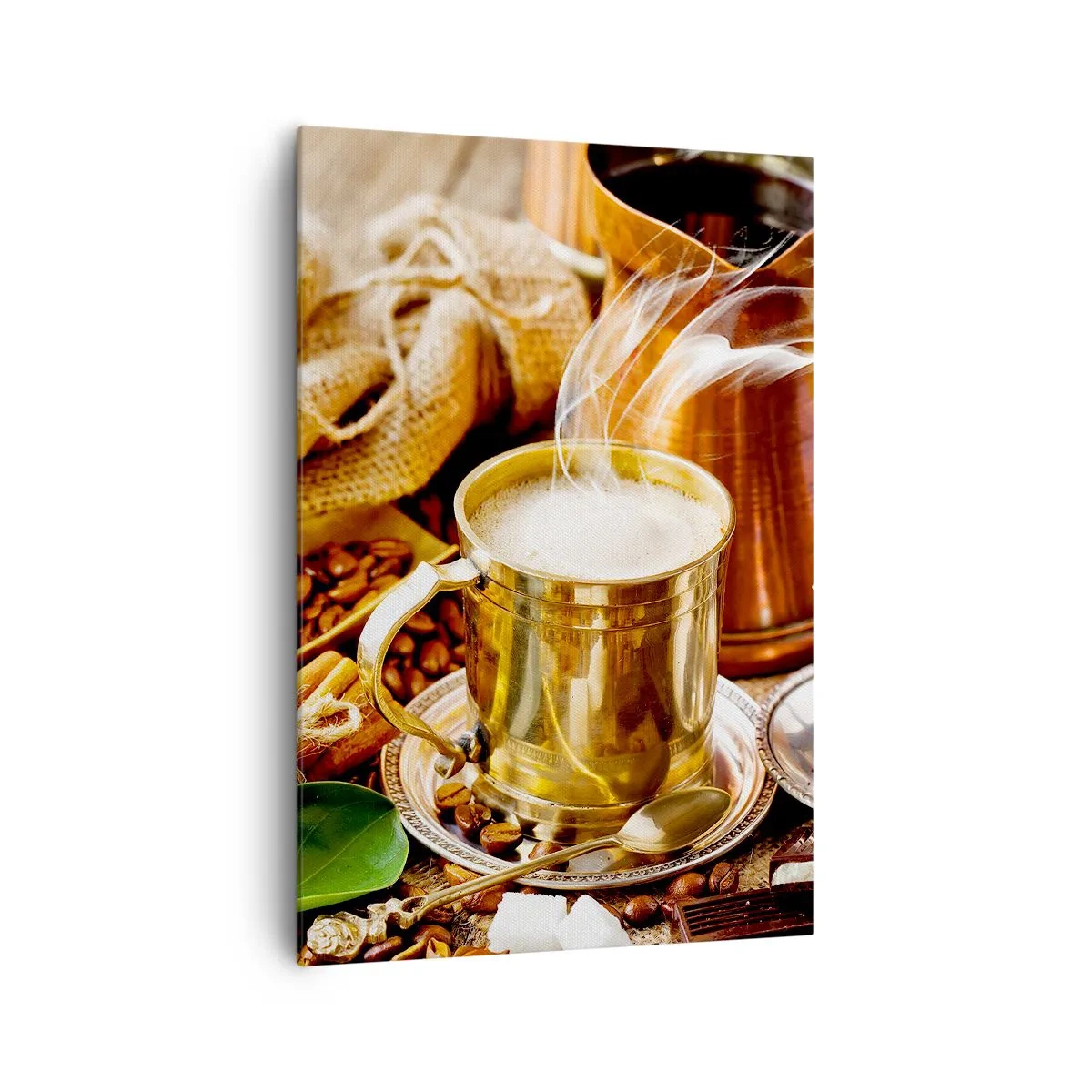 Impression sur toile - Image sur toile - Une tasse de café dorée entourée de grains, de cruches et de croissants - 70x100cm - Bonne journée! - Décoration murale moderne pour le salon et la chambre ARTTOR