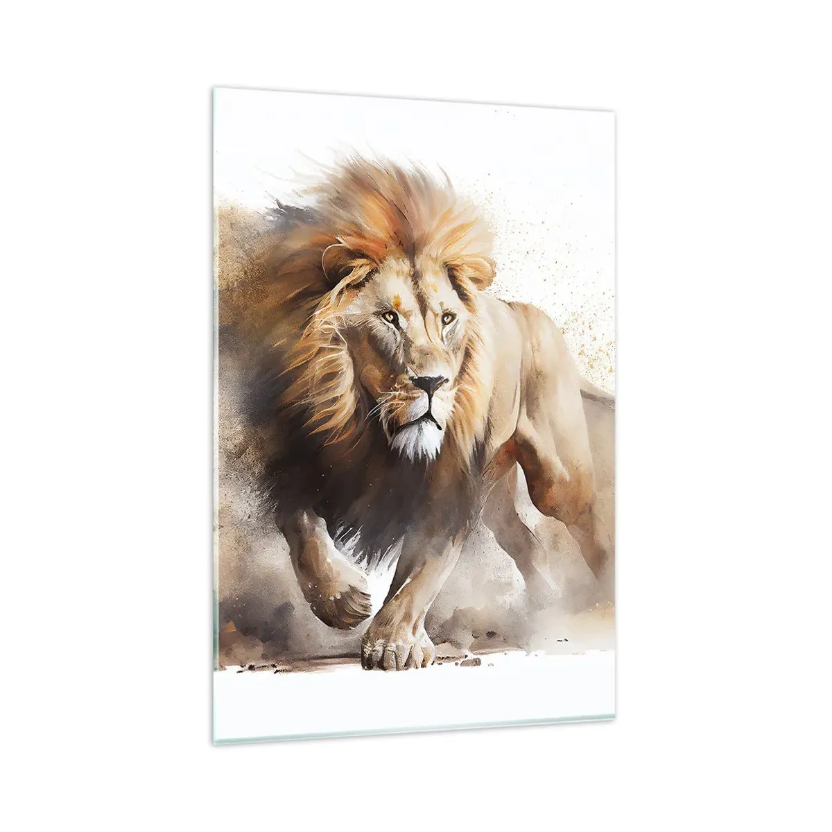 Impression sur verre - Image sur verre - Un portrait dynamique d'un lion aux couleurs naturelles. - 80x120cm - Le roi bougea - Décoration murale moderne pour le salon et la chambre ARTTOR