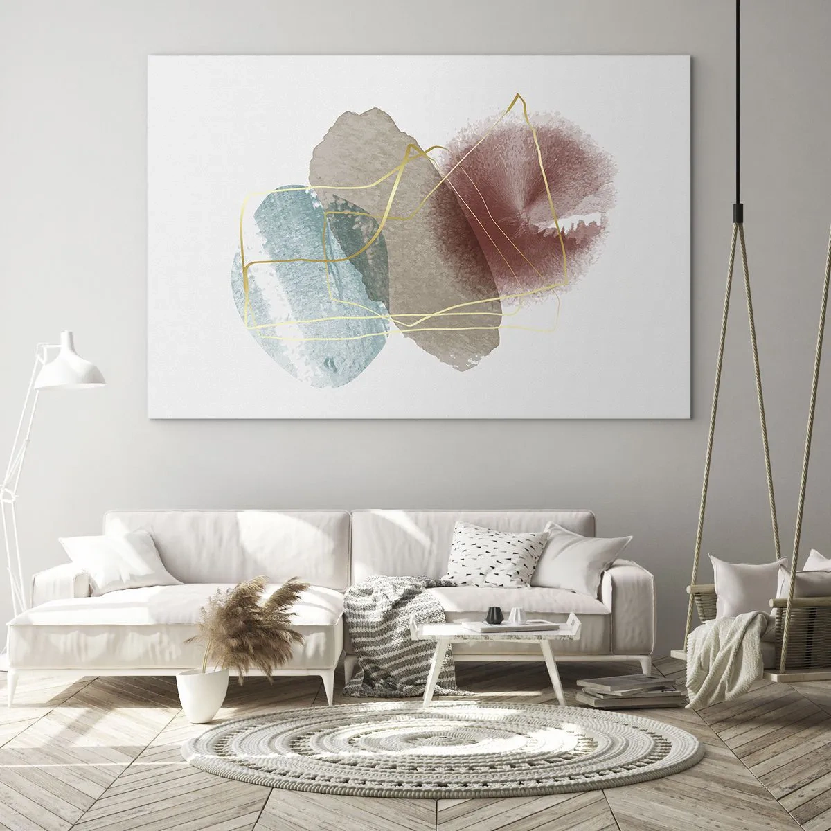 Impression sur verre - Image sur verre - Éclaboussures d'aquarelle abstraites et lignes dorées - 100x70cm - Coraux de l'espace - Décoration murale moderne pour le salon et la chambre ARTTOR