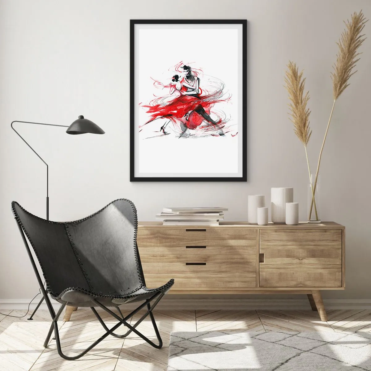 Affiche dans un cadre noir - Poster - Un couple dansant le tango avec des accents rouges dynamiques - 50x70cm - Tango - le rythme de la passion - Décoration murale moderne pour le salon et la chambre ARTTOR