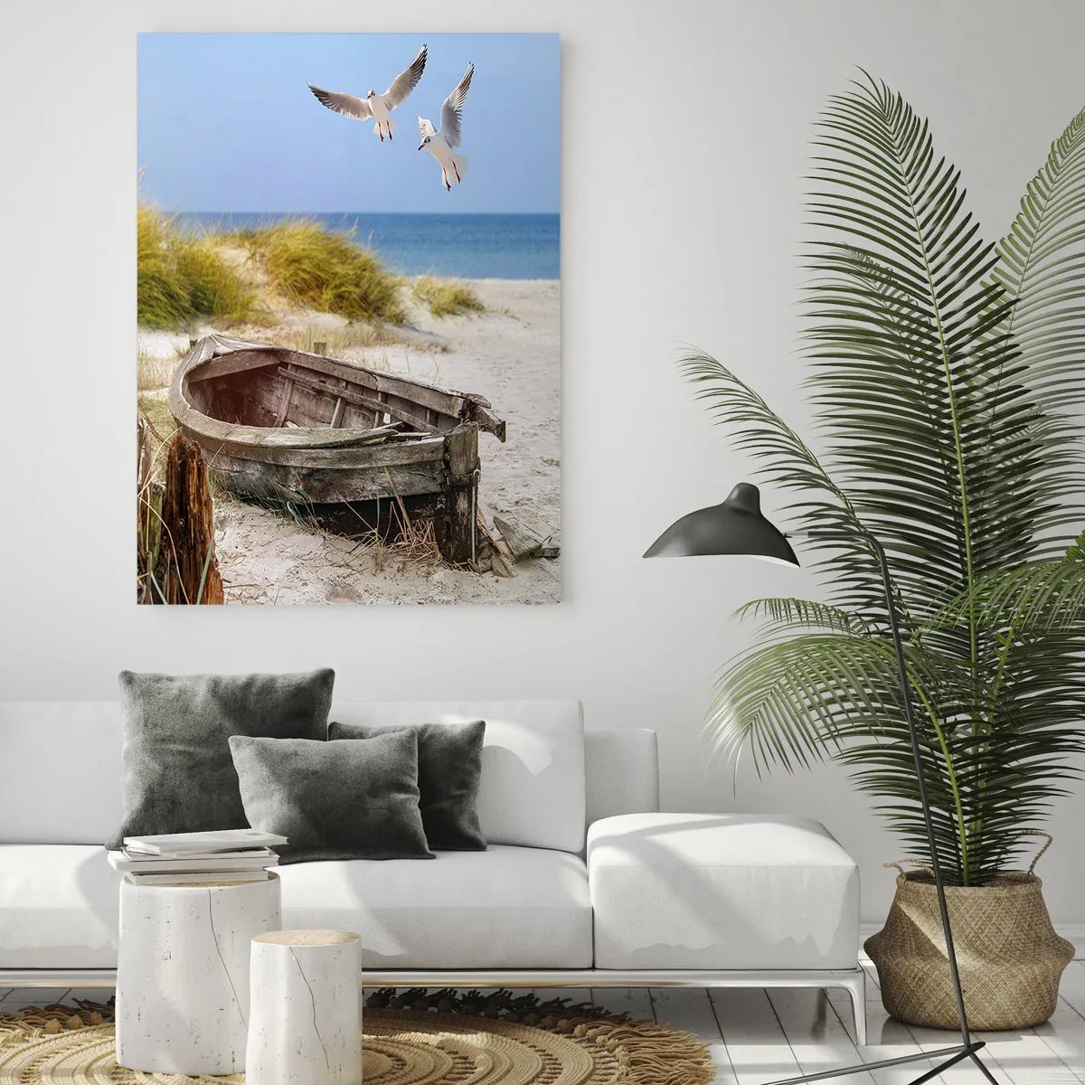 Impression sur verre - Image sur verre - Bateau abandonné sur une plage avec des mouettes - 80x120cm - Bain de vent - Décoration murale moderne pour le salon et la chambre ARTTOR