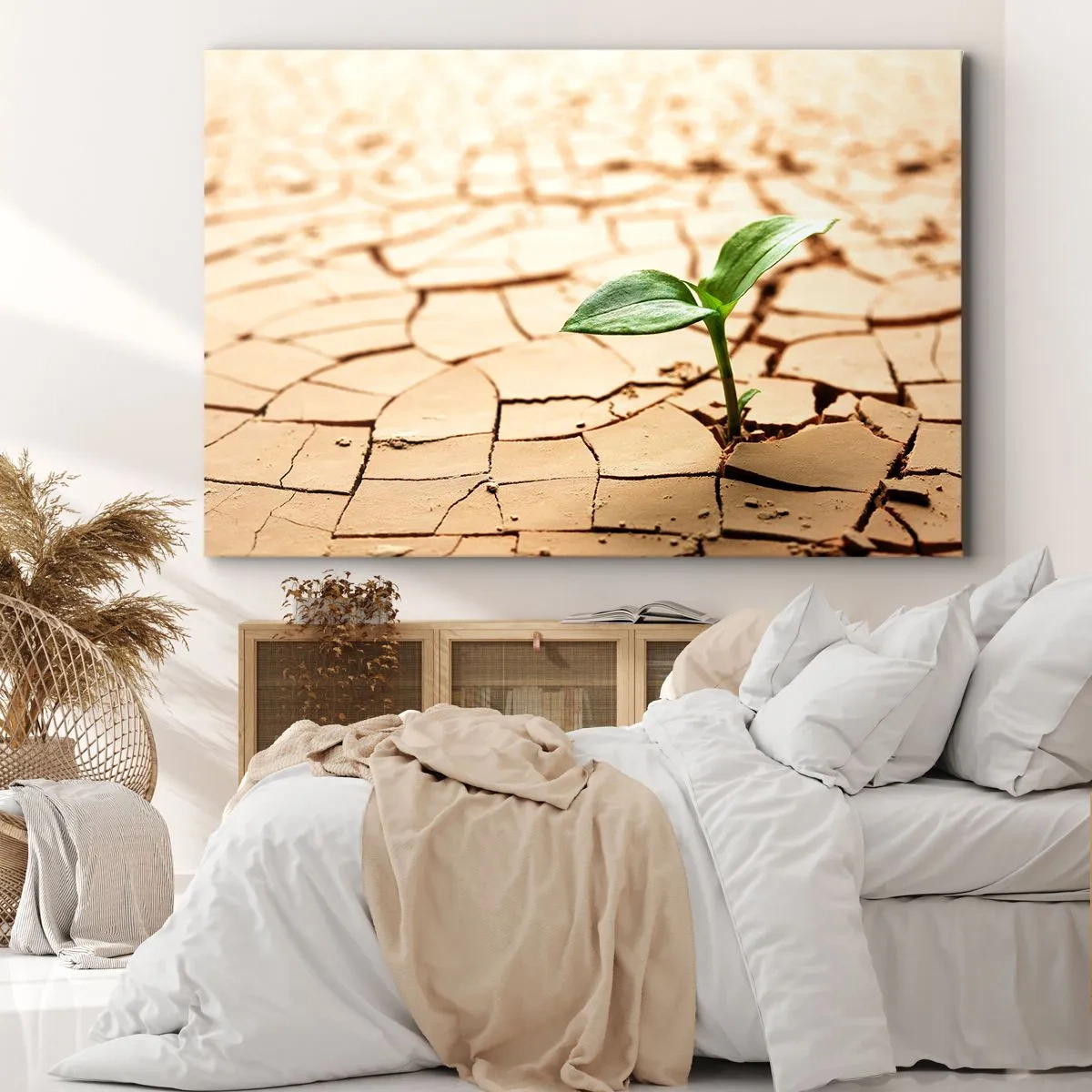 Impression sur toile - Image sur toile - Une plante verte poussant sur une terre sèche et craquelée - 120x80cm - La force indomptable de la vie - Décoration murale moderne pour le salon et la chambre ARTTOR