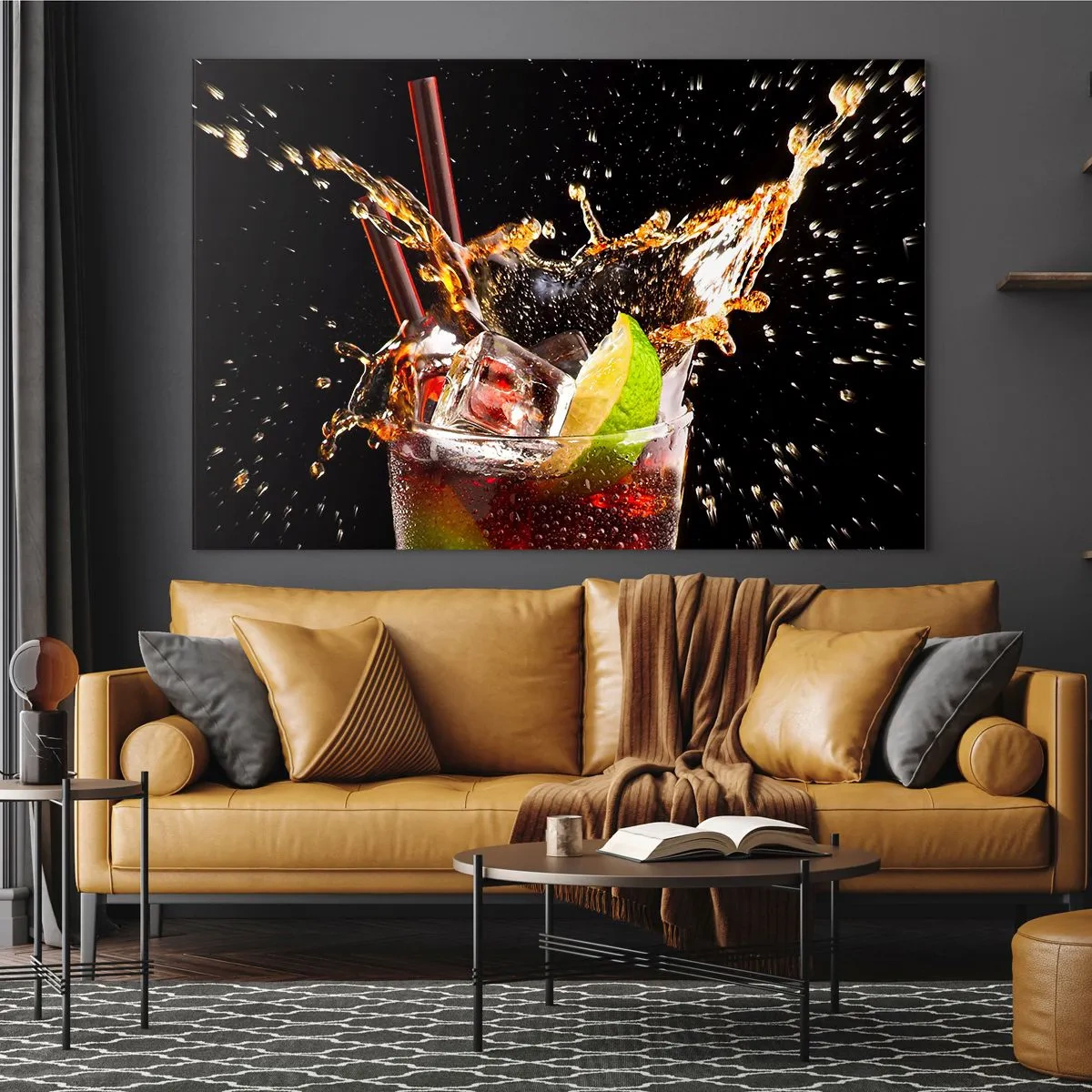Impression sur verre - Image sur verre - Un verre de boisson avec du citron vert et des éclaboussures sur un fond noir - 70x50cm - Joie et énergie des couleurs - Décoration murale moderne pour le salon et la chambre ARTTOR