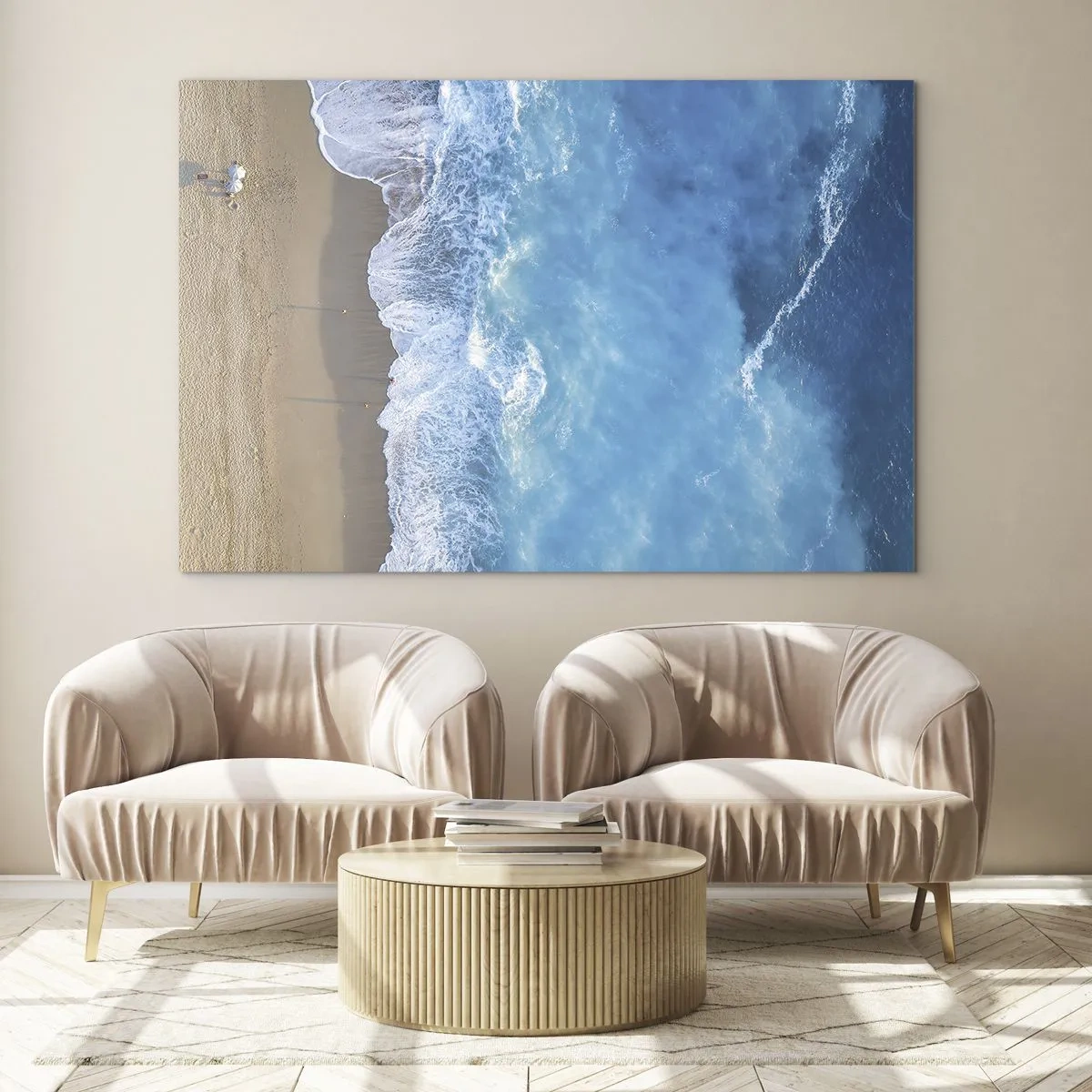 Impression sur verre - Image sur verre - Vue aérienne de la plage et des vagues déferlantes - 100x70cm - La force du bleu - Décoration murale moderne pour le salon et la chambre ARTTOR