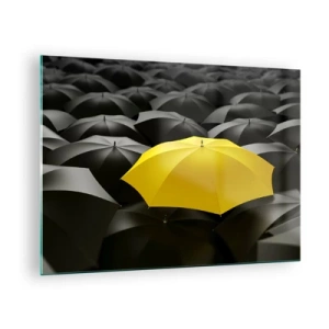 Impression sur verre - Image sur verre - Un parapluie jaune se détachant parmi les noirs - 70x50cm - Adieu chagrin - Décoration murale moderne pour le salon et la chambre ARTTOR