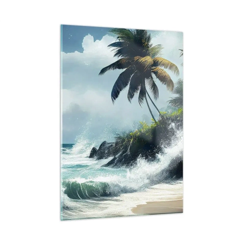 Impression sur verre - Image sur verre - Vagues s'écrasant contre les rochers près des palmiers sur une plage tropicale - 50x70cm - Sur une côte tropicale - Décoration murale moderne pour le salon et la chambre ARTTOR