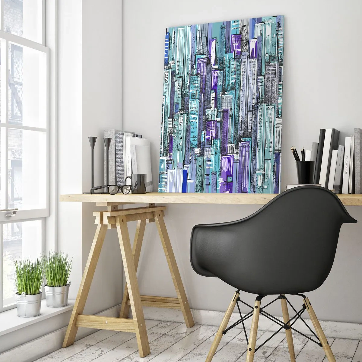 Impression sur verre - Image sur verre - Illustration d'une ville avec des bâtiments géométriques dans des tons de bleu et de violet. - 70x100cm - Bleuâtre avec le ciel - Décoration murale moderne pour le salon et la chambre ARTTOR