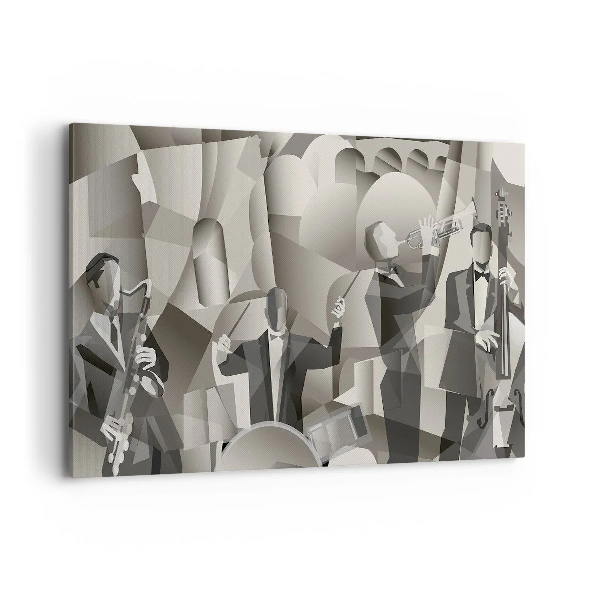 Impression sur toile - Image sur toile - Scène abstraite avec des musiciens de jazz dans des tons de gris. - 120x80cm - Dans l'espace des sons - Décoration murale moderne pour le salon et la chambre ARTTOR