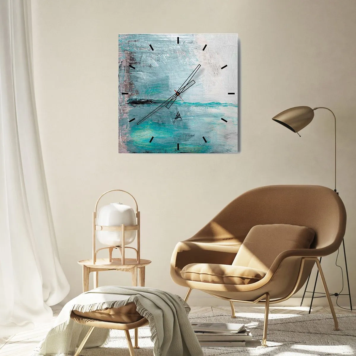 Horloge murale - Pendule murale - Abstraction dans les tons turquoise et gris - 30x30cm - Horizontalement en bleu - Décoration murale moderne pour le salon et la chambre ARTTOR