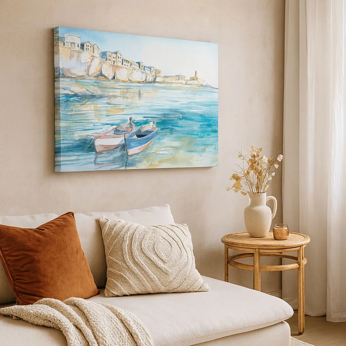 Impression sur toile - Image sur toile - Un paysage balnéaire pittoresque avec des bateaux sur l'eau - 70x50cm - Paysage dans l'azur - Décoration murale moderne pour le salon et la chambre ARTTOR