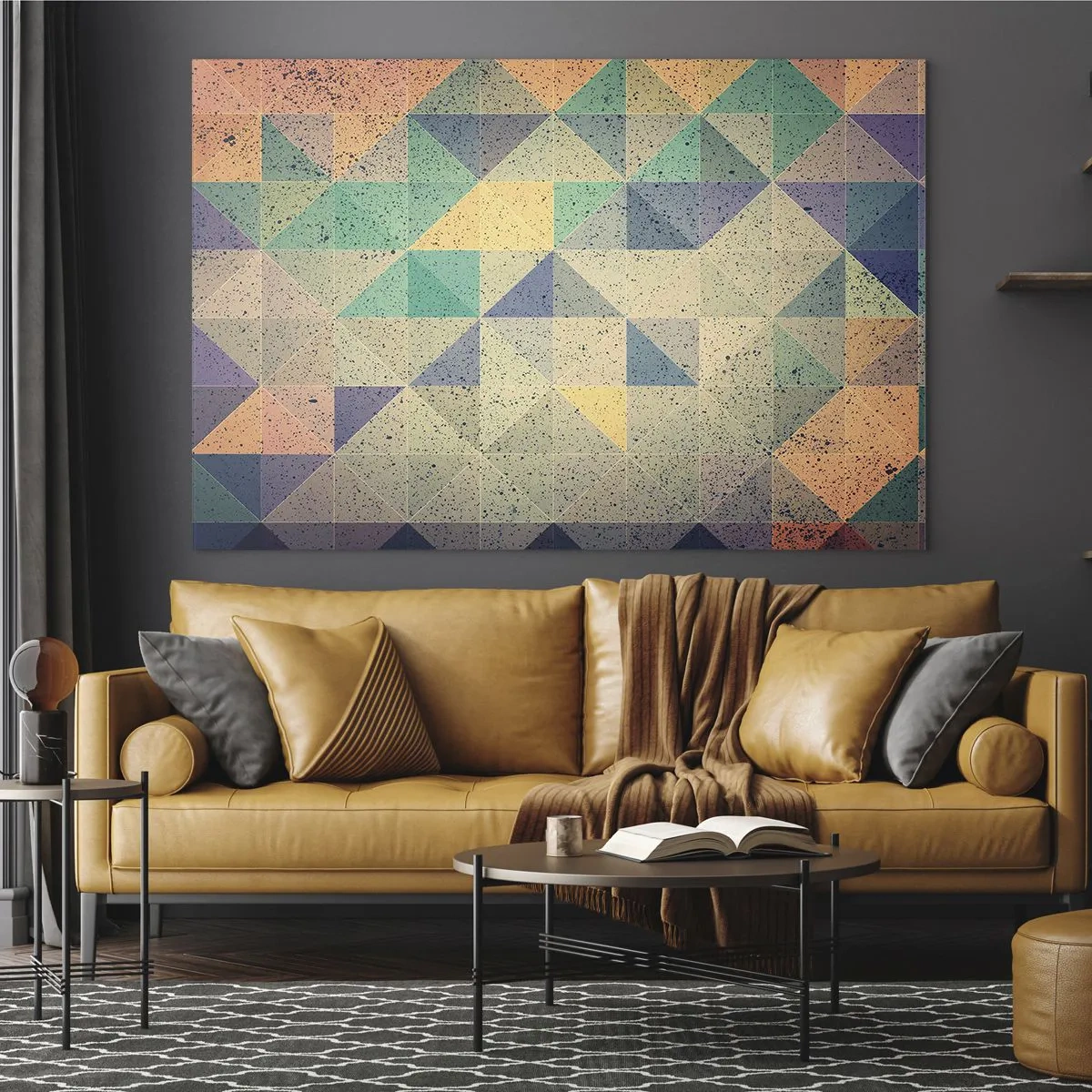 Impression sur verre - Image sur verre - Mosaïque colorée avec des triangles géométriques dans un style rétro - 70x50cm - République des triangles - Décoration murale moderne pour le salon et la chambre ARTTOR