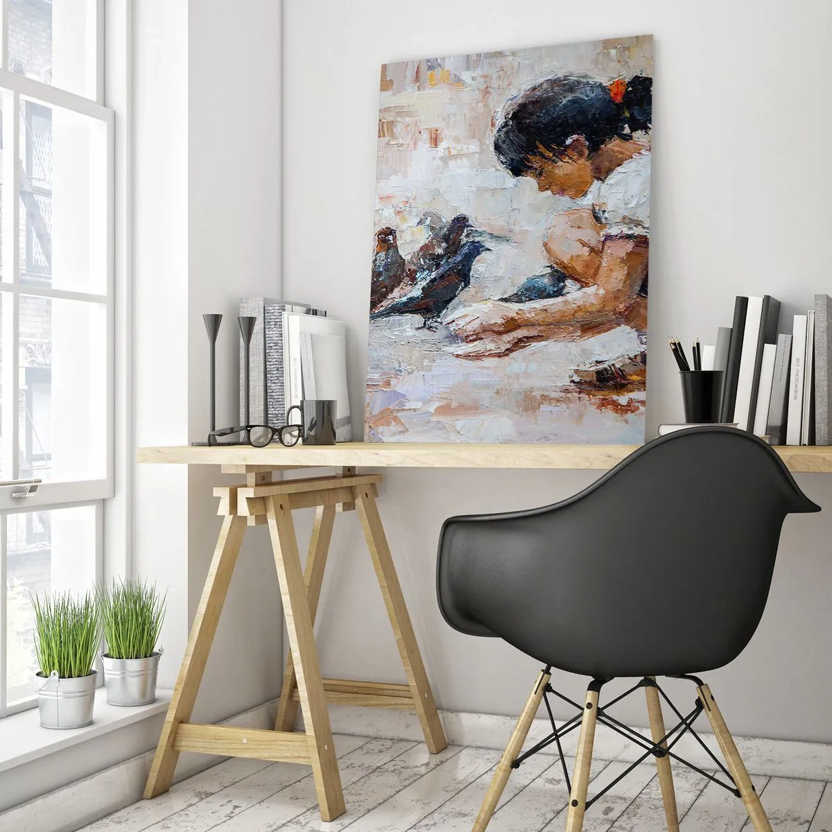 Impression sur verre - Image sur verre - Une fille nourrissant des oiseaux dans un style pictural - 80x120cm - Les plus petits et les plus gentils - Décoration murale moderne pour le salon et la chambre ARTTOR