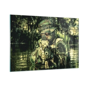 Impression sur verre - Image sur verre - Un soldat en tenue de camouflage complète vise à travers une visière dans un environnement aquatique. - 100x70cm - Le meilleur des meilleurs - Décoration murale moderne pour le salon et la chambre ARTTOR