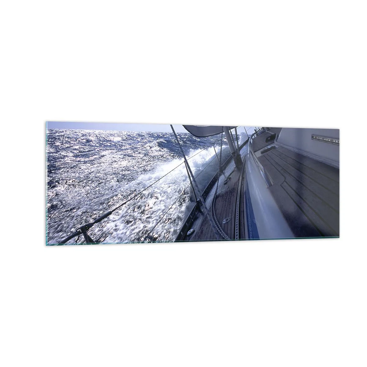 Impression sur verre - Image sur verre - Un voilier dans une mer agitée avec des voiles blanches et un pont en bois. - 140x50cm - Je sais ce que c'est d'être un oiseau - Décoration murale moderne pour le salon et la chambre ARTTOR