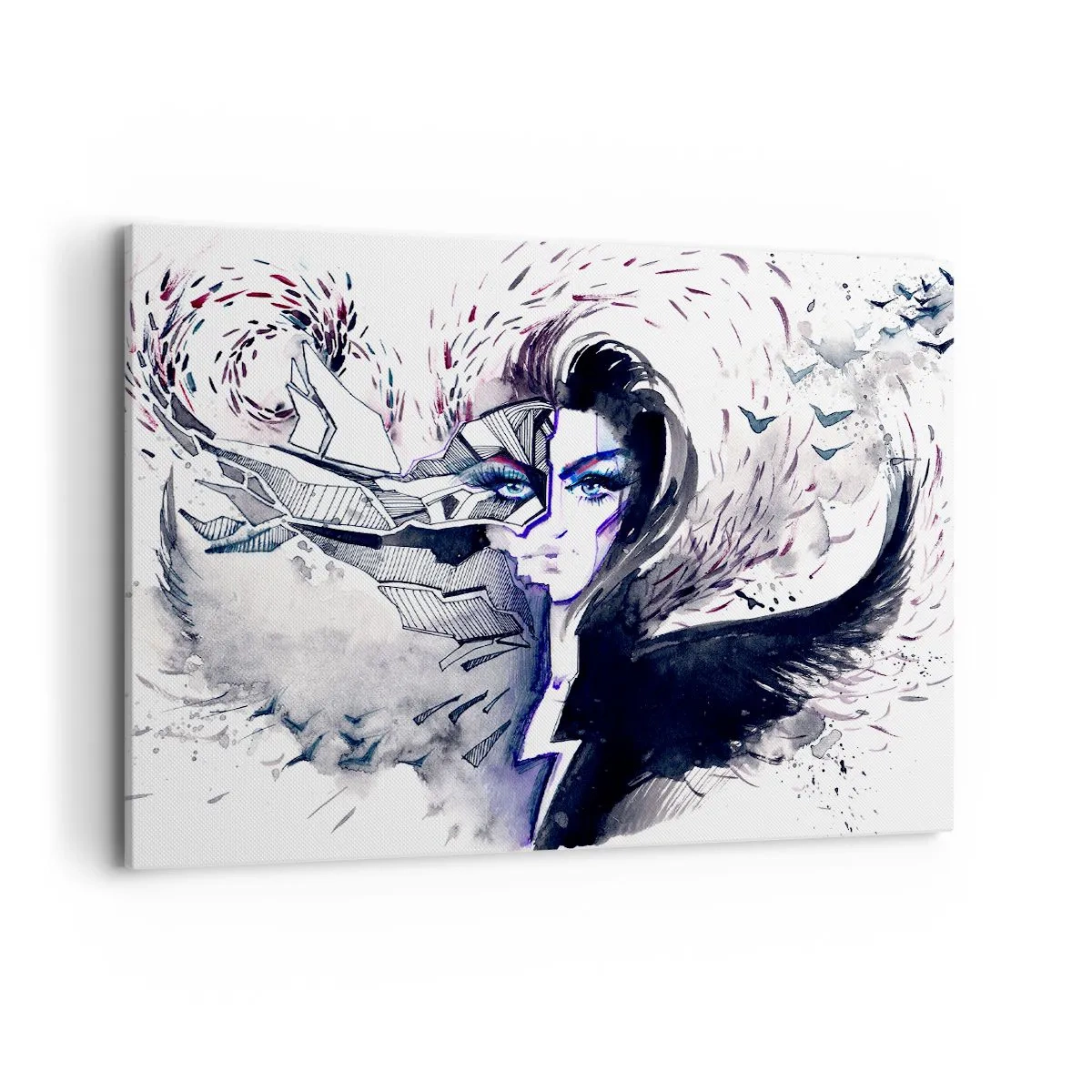 Impression sur toile - Image sur toile - Visage abstrait avec des éléments contrastés et un motif d'aile - 100x70cm - Démoniaque et belle - Décoration murale moderne pour le salon et la chambre ARTTOR
