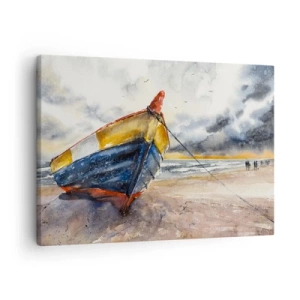 Impression sur toile - Image sur toile - Un bateau pittoresque sur la plage sous un ciel nuageux - 70x50cm - Repos sur le rivage - Décoration murale moderne pour le salon et la chambre ARTTOR