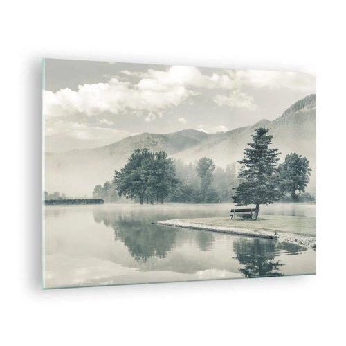 Impression sur verre - Image sur verre - Un lac calme le matin avec un banc et du brouillard sur l'eau - 70x50cm - Le lac dort encore - Décoration murale moderne pour le salon et la chambre ARTTOR