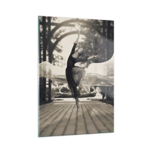 Impression sur verre - Image sur verre - Une danseuse en mouvement sur fond de jardin en noir et blanc. - 50x70cm - La danse de l'esprit jardin - Décoration murale moderne pour le salon et la chambre ARTTOR