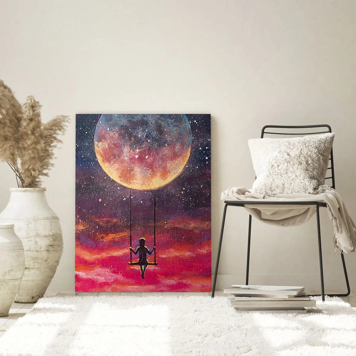 Impression sur verre - Image sur verre - Une silhouette sur une balançoire suspendue contre la lune - 70x100cm - Se balancer dans les nuages - Décoration murale moderne pour le salon et la chambre ARTTOR