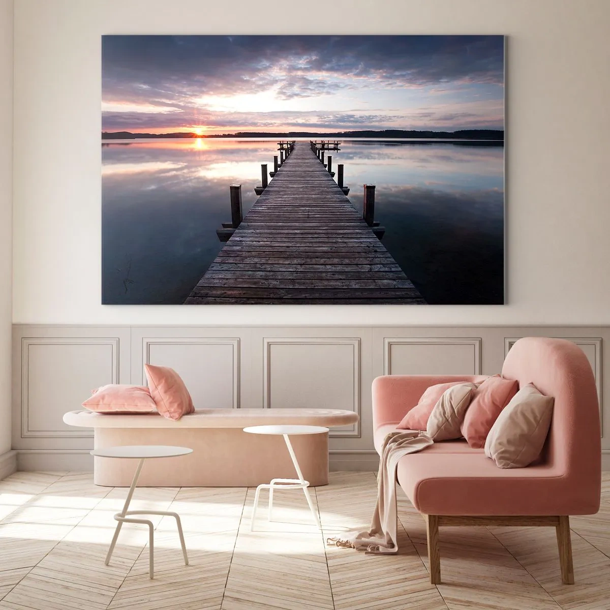 Impression sur verre - Image sur verre - Jetée en bois sur le lac au coucher du soleil - 100x70cm - Une frontière tranquille entre le jour et la nuit - Décoration murale moderne pour le salon et la chambre ARTTOR