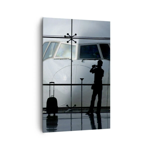 Impression sur toile - Image sur toile - Aéroport avec des silhouettes de personnes et une vue de l'avion - 80x120cm - Vis-à-vis de l'aéroport - Décoration murale moderne pour le salon et la chambre ARTTOR