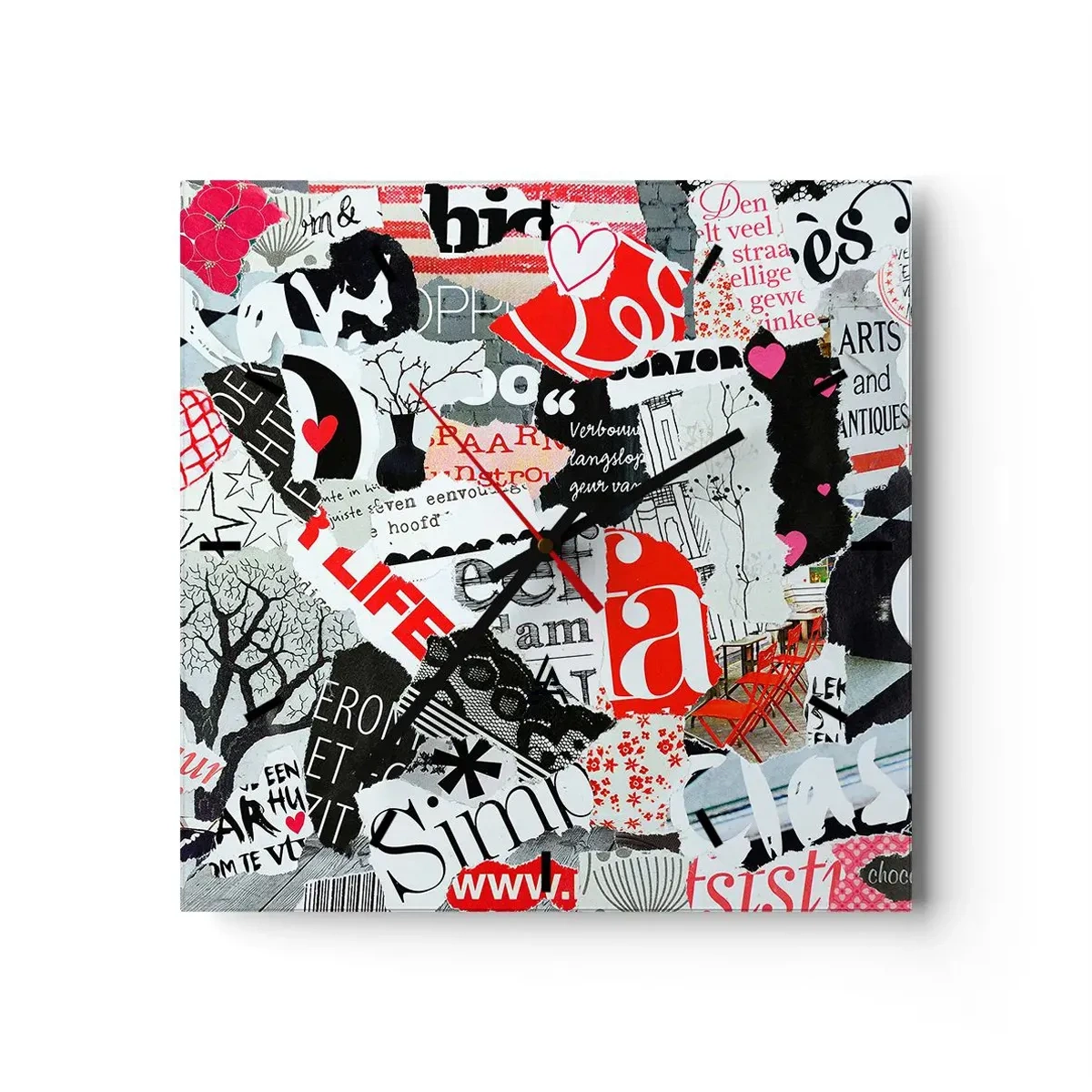 Horloge murale - Pendule murale - Un collage coloré avec des inscriptions, des cœurs et des graphiques. - 30x30cm - Collage hipster - Décoration murale moderne pour le salon et la chambre ARTTOR