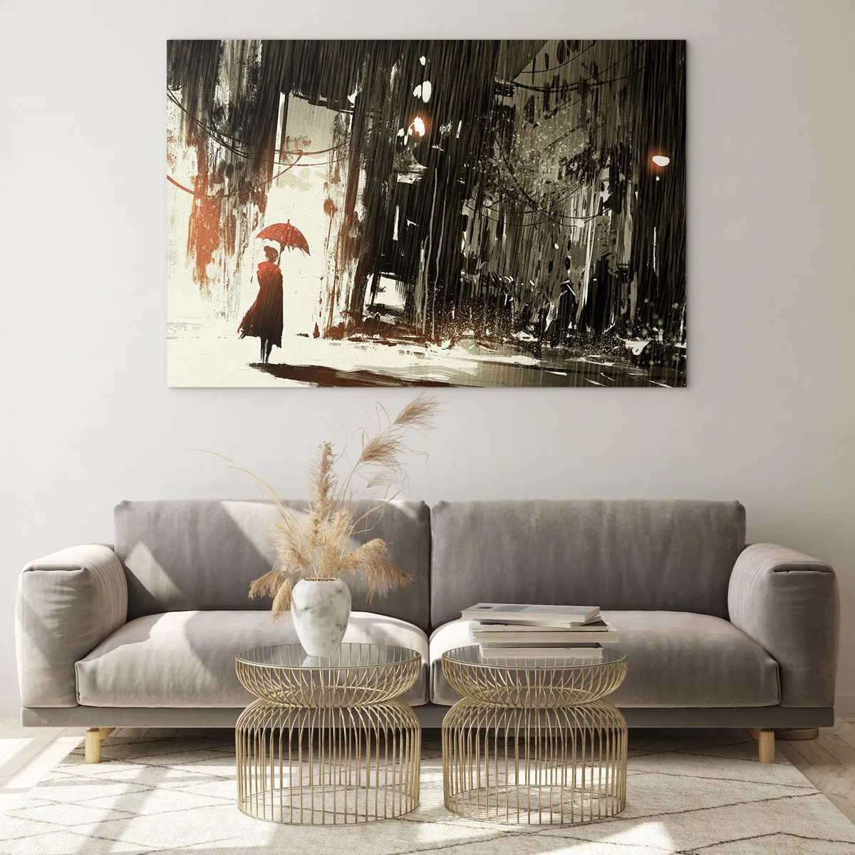 Impression sur verre - Image sur verre - Une personne avec un parapluie rouge sous la pluie sur fond de ville sombre. - 120x80cm - La poésie du parapluie rouge - Décoration murale moderne pour le salon et la chambre ARTTOR