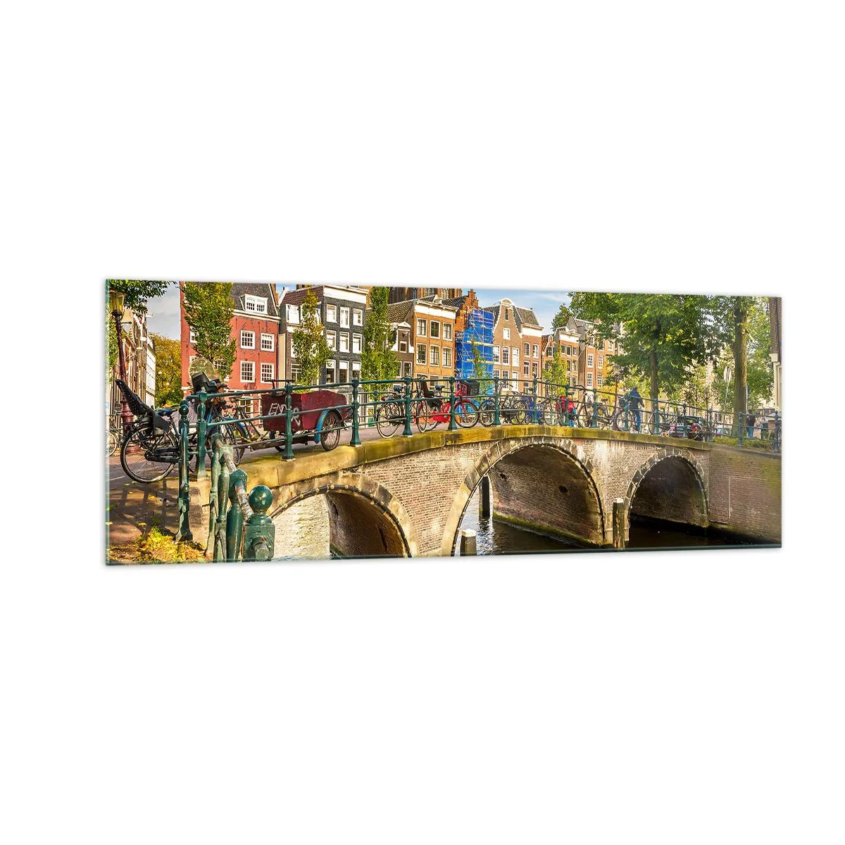 Impression sur verre - Image sur verre - Un canal pittoresque avec un pont à Amsterdam - 140x50cm - Le printemps sur le canal - Décoration murale moderne pour le salon et la chambre ARTTOR