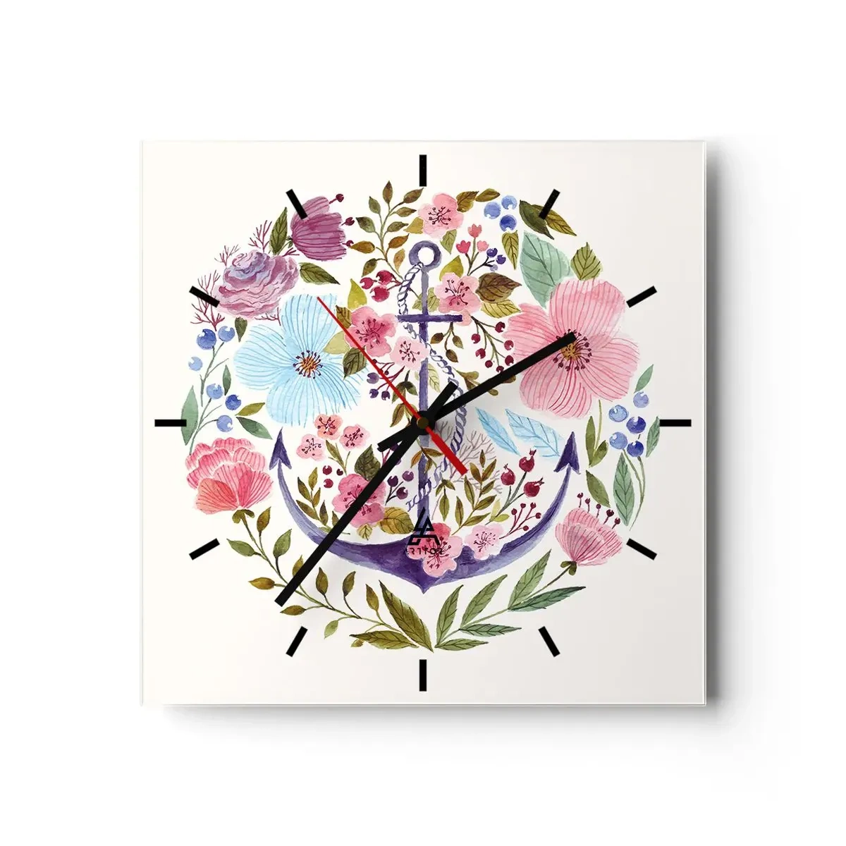 Horloge murale - Pendule murale - Une ancre entourée de fleurs à l'aquarelle sur un fond clair - 30x30cm - Le beau rêve du marin - Décoration murale moderne pour le salon et la chambre ARTTOR