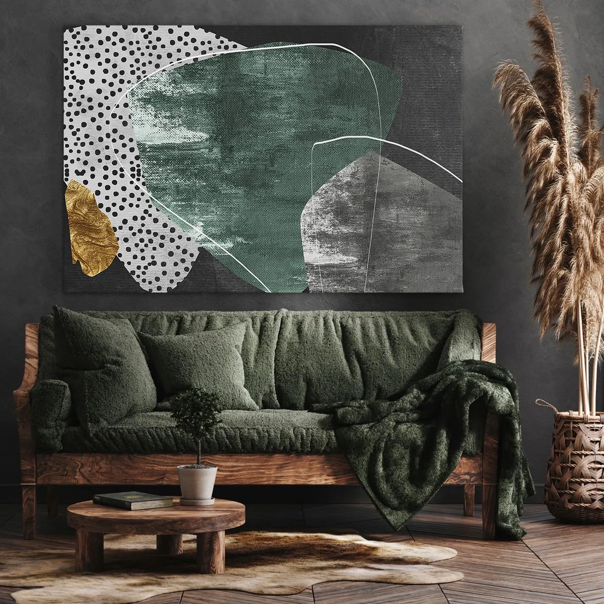 Impression sur toile - Image sur toile - Composition abstraite avec des formes vertes et des motifs à pois - 70x50cm - Abstraction colorée avec feuille d'or - Décoration murale moderne pour le salon et la chambre ARTTOR