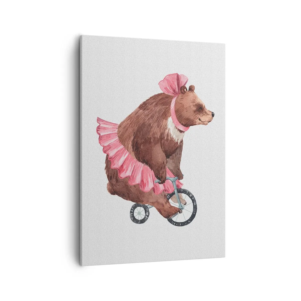 Impression sur toile - Image sur toile - Un ours en peluche dans une jupe rose sur un vélo de style rétro - 50x70cm - Quel cirque ! - Décoration murale moderne pour le salon et la chambre ARTTOR