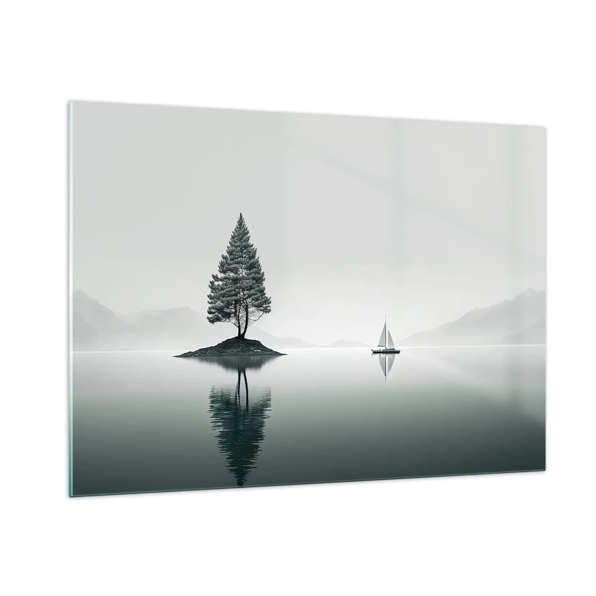 Impression sur verre - Image sur verre - Un arbre solitaire sur une île et un voilier sur un lac calme - 100x70cm - Un rêve somnolent - Décoration murale moderne pour le salon et la chambre ARTTOR